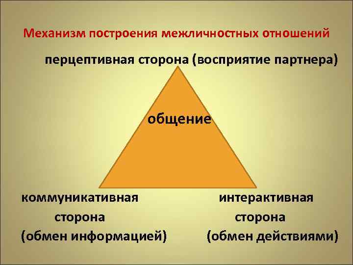 Механизм построения межличностных отношений перцептивная сторона (восприятие партнера) общение коммуникативная интерактивная сторона (обмен информацией)