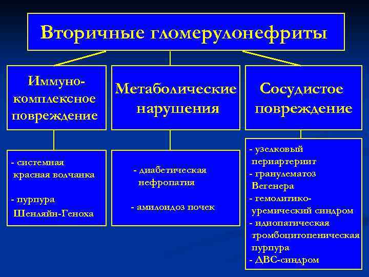 Вторичные гломерулонефриты Иммунокомплексное повреждение - системная красная волчанка - пурпура Шенляйн-Геноха Метаболические нарушения -