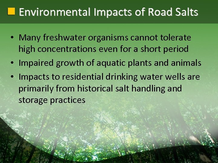 Environmental Impacts of Road Salts • Many freshwater organisms cannot tolerate high concentrations even
