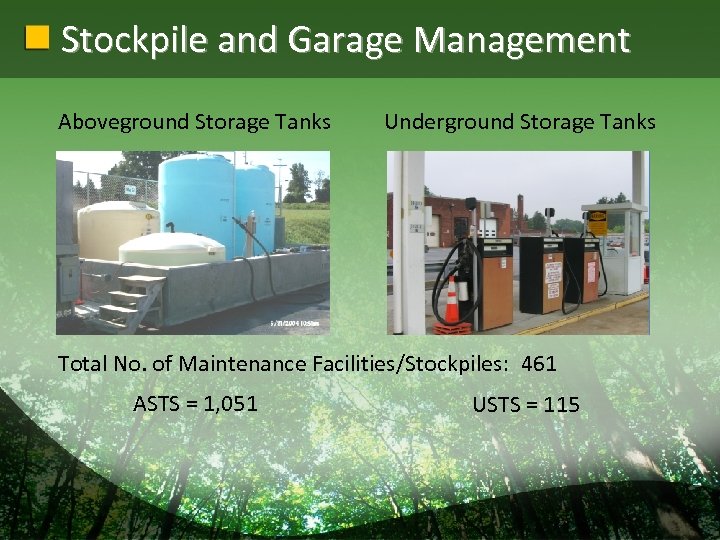 Stockpile and Garage Management Aboveground Storage Tanks Underground Storage Tanks Total No. of Maintenance