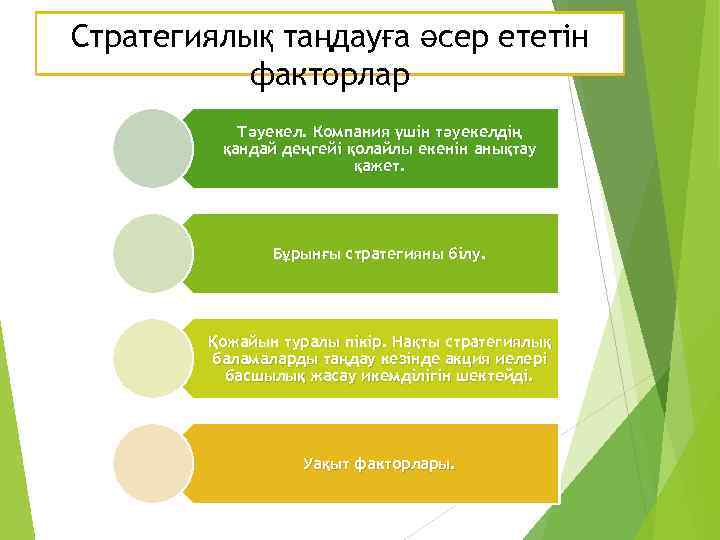 Стратегиялық таңдауға әсер ететін факторлар Тәуекел. Компания үшін тәуекелдің қандай деңгейі қолайлы екенін анықтау