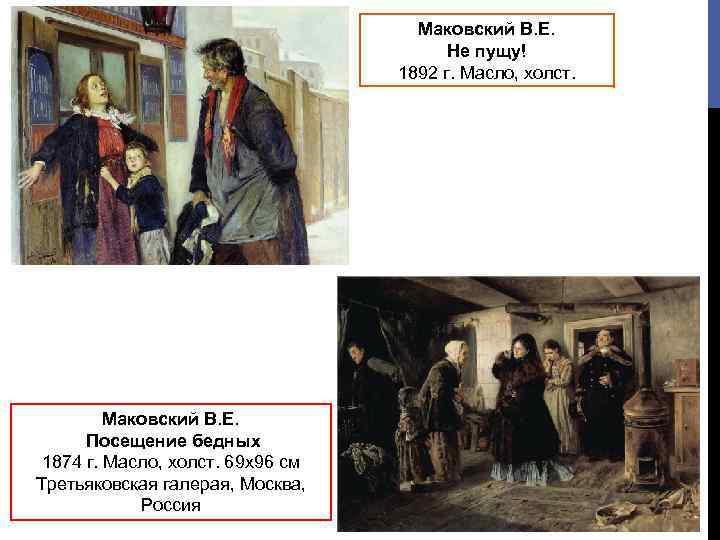 Маковский В. Е. Не пущу! 1892 г. Масло, холст. Маковский В. Е. Посещение бедных