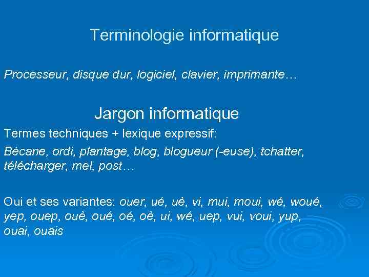 Terminologie informatique Processeur, disque dur, logiciel, clavier, imprimante… Jargon informatique Termes techniques + lexique