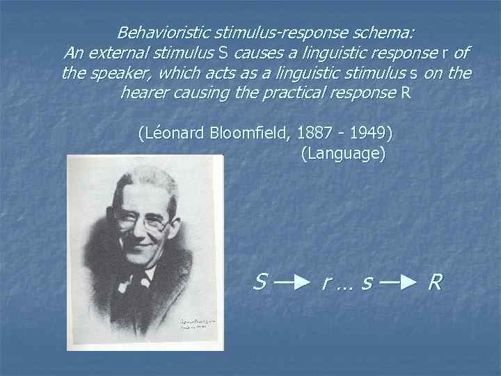 Behavioristic stimulus-response schema: An external stimulus S causes a linguistic response r of the