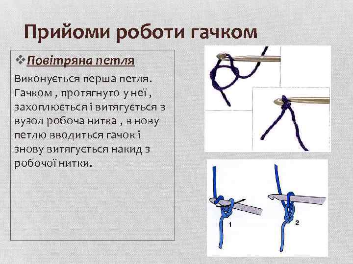 Прийоми роботи гачком v. Повітряна петля Виконується перша петля. Гачком , протягнуто у неї