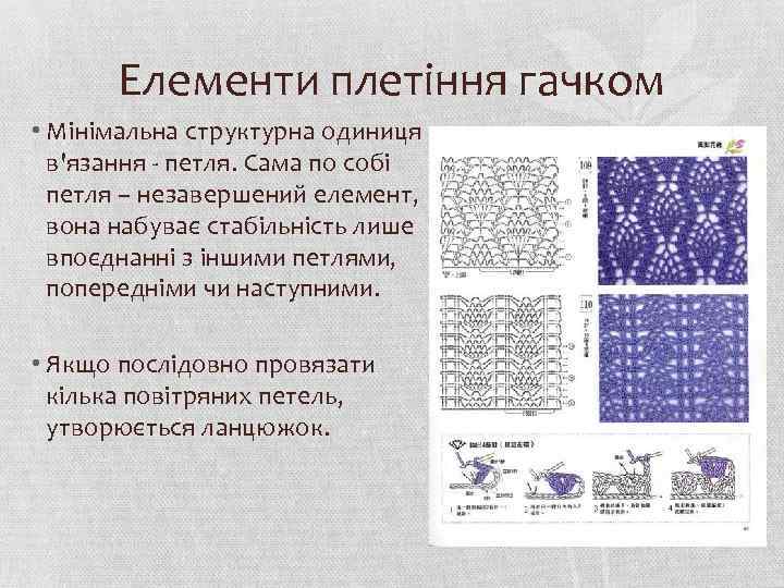 Елементи плетіння гачком • Мінімальна структурна одиниця в'язання - петля. Сама по собі петля