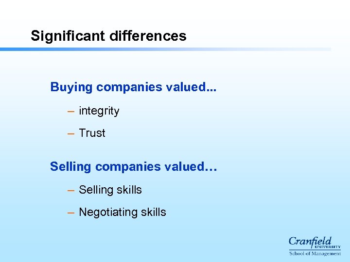 Significant differences Buying companies valued. . . – integrity – Trust Selling companies valued…