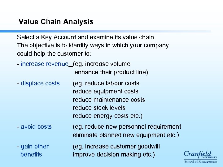 Value Chain Analysis Select a Key Account and examine its value chain. The objective