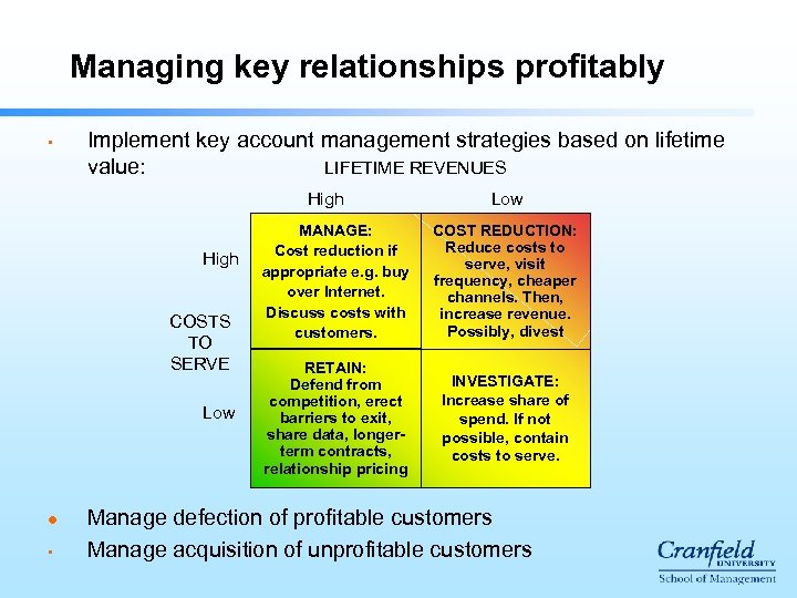 Managing key relationships profitably • Implement key account management strategies based on lifetime LIFETIME