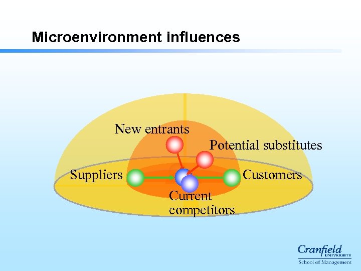 Microenvironment influences New entrants Potential substitutes Suppliers Customers Current competitors 