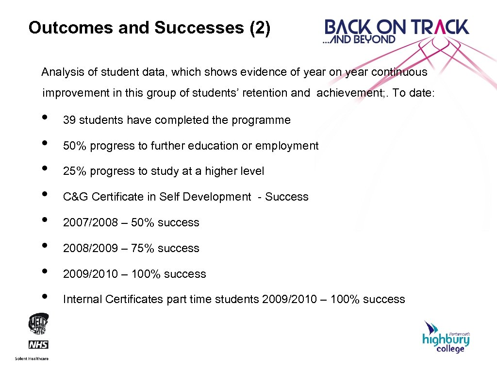 Outcomes and Successes (2) Analysis of student data, which shows evidence of year on