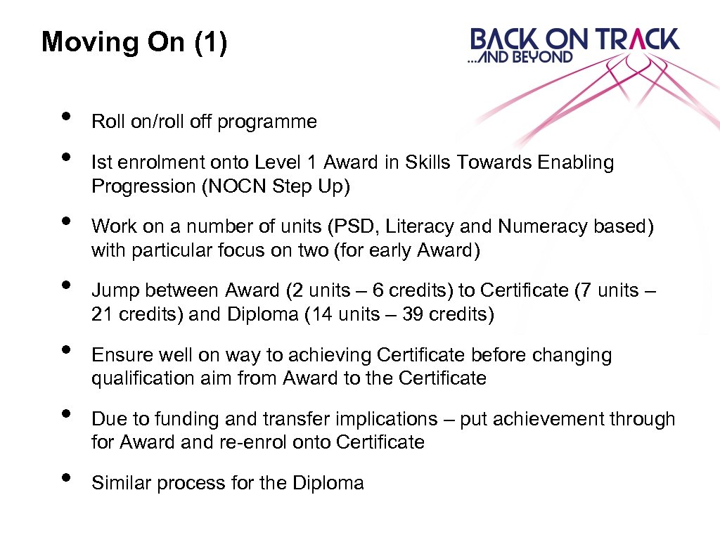 Moving On (1) • • Roll on/roll off programme Ist enrolment onto Level 1