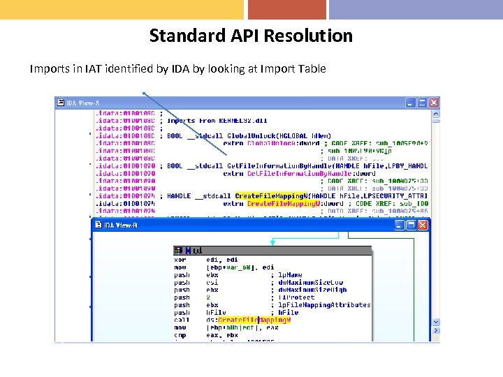 Standard API Resolution Imports in IAT identified by IDA by looking at Import Table