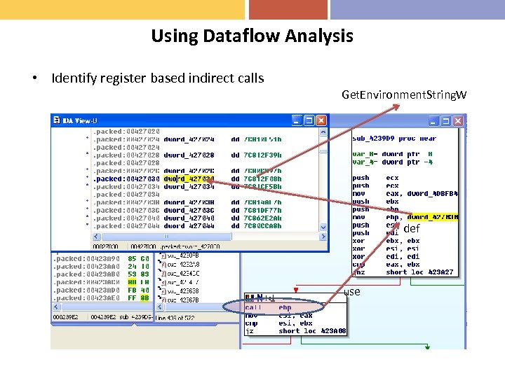 Using Dataflow Analysis • Identify register based indirect calls Get. Environment. String. W def