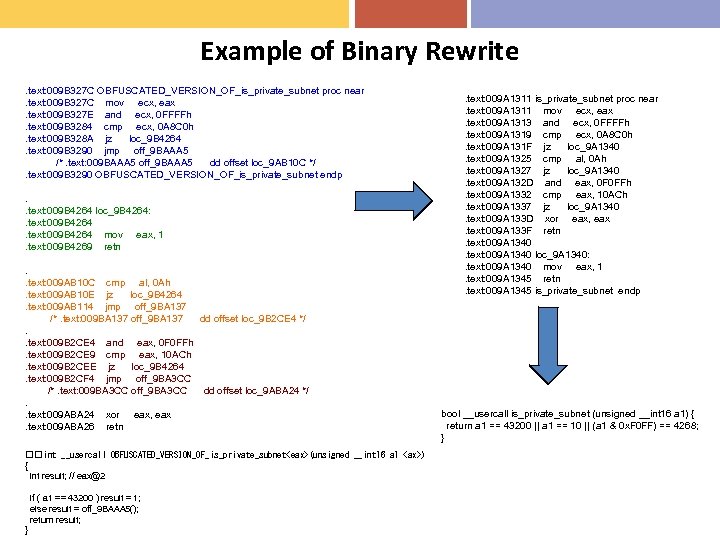 Example of Binary Rewrite. text: 009 B 327 C OBFUSCATED_VERSION_OF_is_private_subnet proc near. text: 009