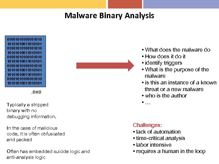 Malware Binary Analysis 01001010100101010 10101010011010101 1010011010101 0100101010011010101 . exe Typically a stripped binary with