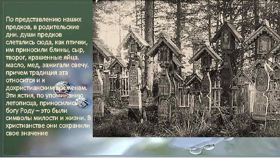 По представлению наших предков, в родительские дни. души предков слетались сюда, как птички, им