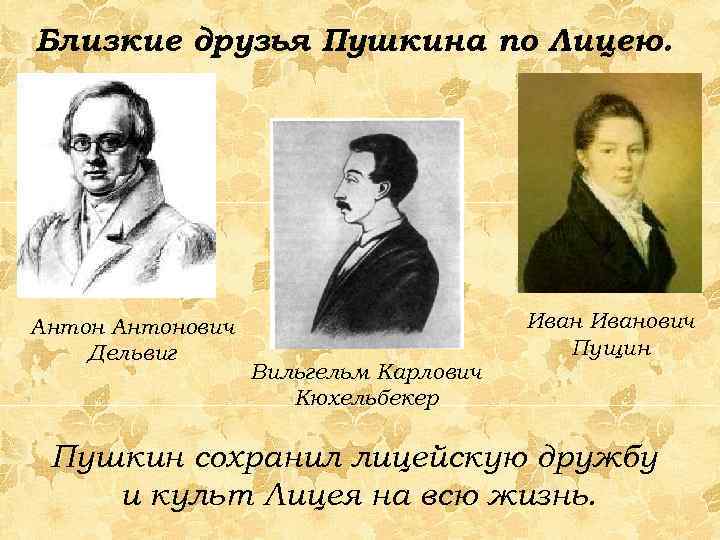 Близкие друзья Пушкина по Лицею. Антонович Дельвиг Вильгельм Карлович Кюхельбекер Иванович Пущин Пушкин сохранил