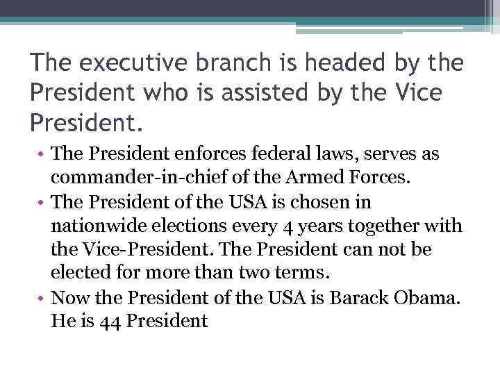 The executive branch is headed by the President who is assisted by the Vice