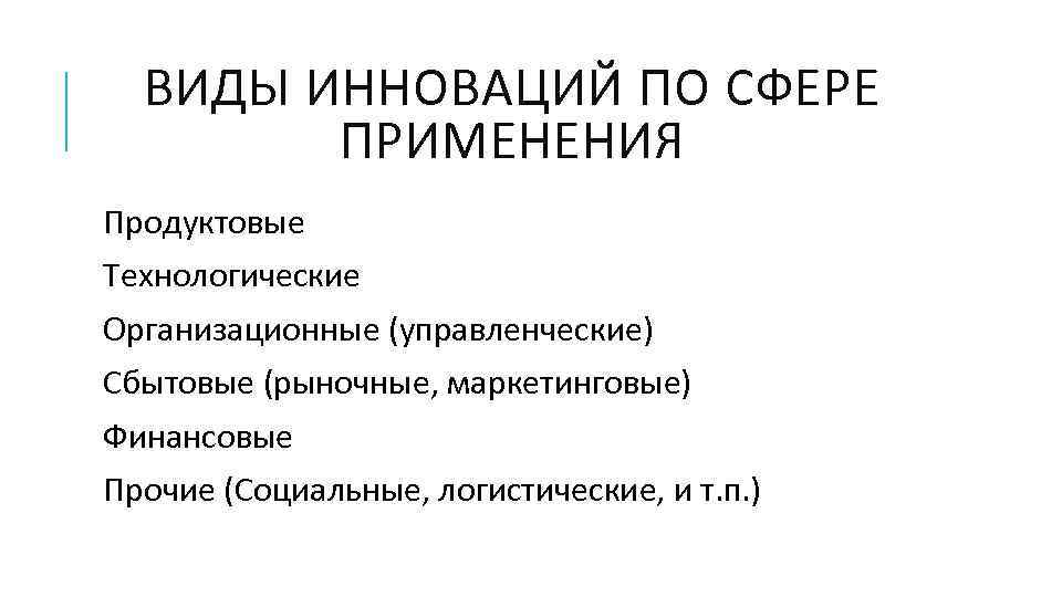 ВИДЫ ИННОВАЦИЙ ПО СФЕРЕ ПРИМЕНЕНИЯ Продуктовые Технологические Организационные (управленческие) Сбытовые (рыночные, маркетинговые) Финансовые Прочие