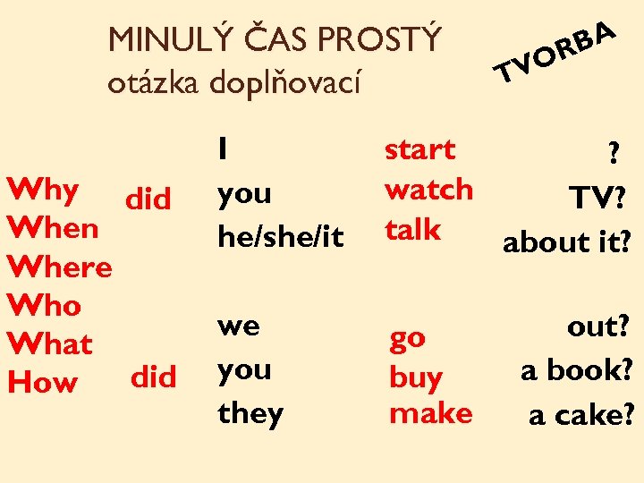 MINULÝ ČAS PROSTÝ otázka doplňovací Why did When Where Who What did How BA