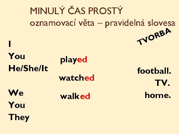 MINULÝ ČAS PROSTÝ oznamovací věta – pravidelná slovesa I You He/She/It We You They
