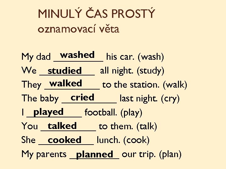 MINULÝ ČAS PROSTÝ oznamovací věta washed My dad _____ his car. (wash) We _____