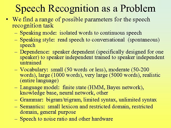 Speech Recognition as a Problem • We find a range of possible parameters for