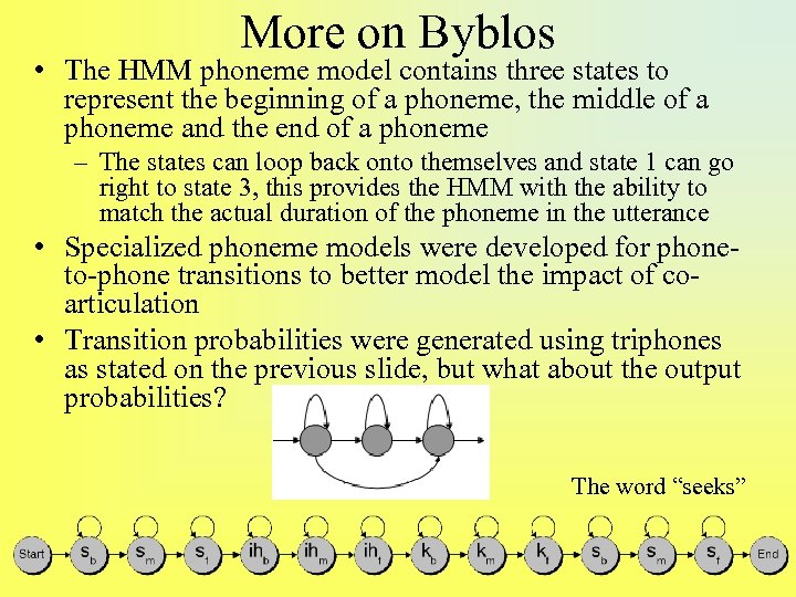 More on Byblos • The HMM phoneme model contains three states to represent the