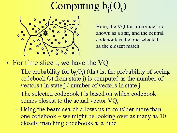 Computing bj(Ot) Here, the VQ for time slice t is shown as a star,