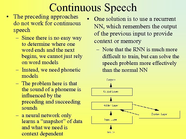 Continuous Speech • The preceding approaches • One solution is to use a recurrent