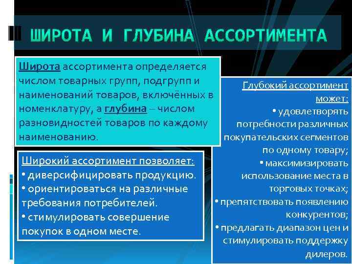 Широта ассортимента определяется числом товарных групп, подгрупп и Глубокий ассортимент наименований товаров, включённых в