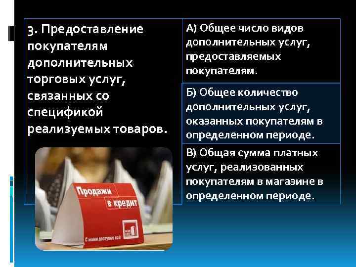 3. Предоставление покупателям дополнительных торговых услуг, связанных со спецификой реализуемых товаров. А) Общее число