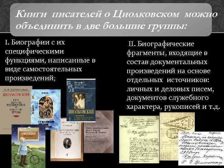 Книги писателей о Циолковском можно объединить в две большие группы: I. Биографии с их