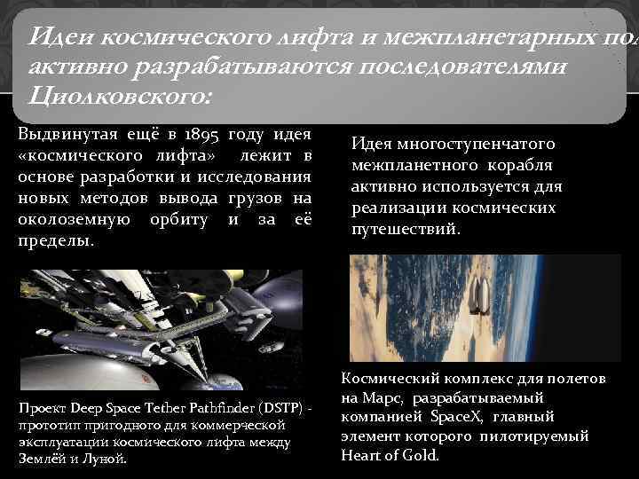 Идеи космического лифта и межпланетарных пол активно разрабатываются последователями Циолковского: Выдвинутая ещё в 1895