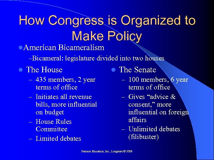 How Congress is Organized to Make Policy l. American Bicameralism –Bicameral: legislature divided into