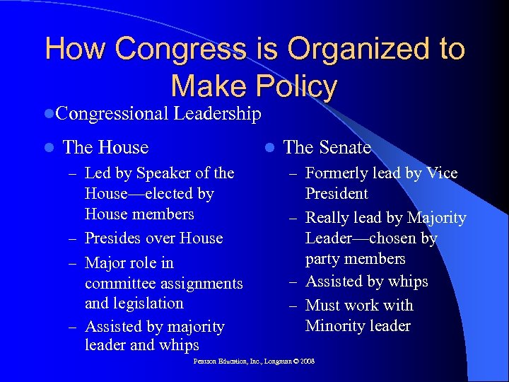 How Congress is Organized to Make Policy l. Congressional l Leadership The House l