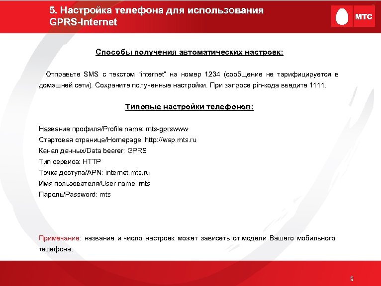 5. Настройка телефона для использования 5. GPRS-Internet GPRS Способы получения автоматических настроек: Отправьте SMS