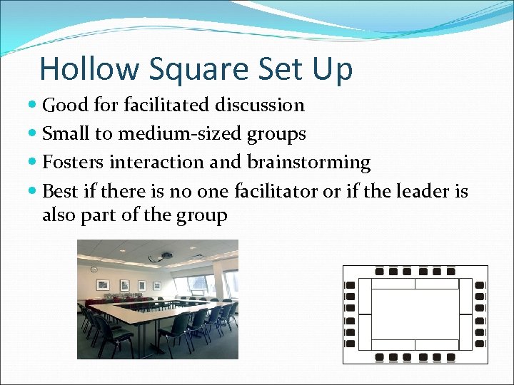 Hollow Square Set Up Good for facilitated discussion Small to medium-sized groups Fosters interaction