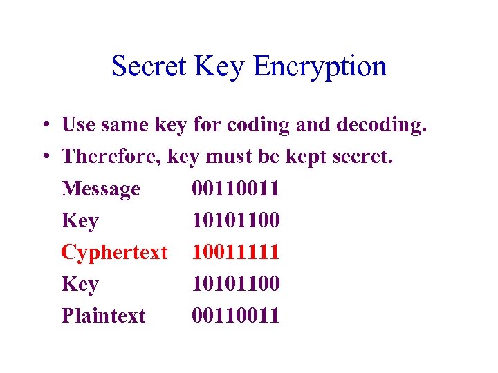 Secret Key Encryption • Use same key for coding and decoding. • Therefore, key