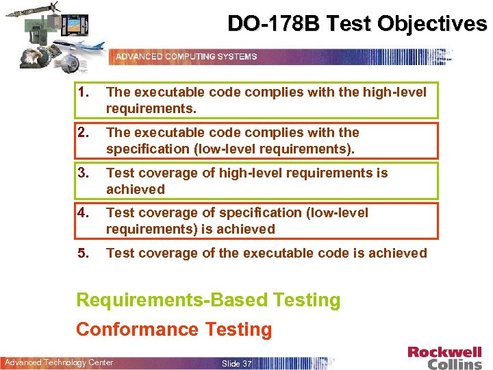 DO-178 B Test Objectives 1. The executable code complies with the high-level requirements. 2.