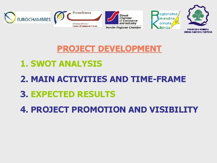 PROJECT DEVELOPMENT 1. SWOT ANALYSIS 2. MAIN ACTIVITIES AND TIME-FRAME 3. EXPECTED RESULTS 4.