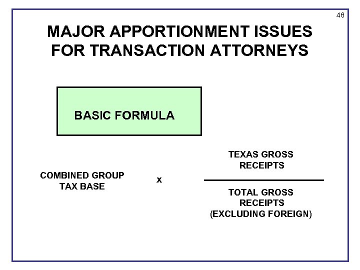 46 MAJOR APPORTIONMENT ISSUES FOR TRANSACTION ATTORNEYS BASIC FORMULA TEXAS GROSS RECEIPTS COMBINED GROUP