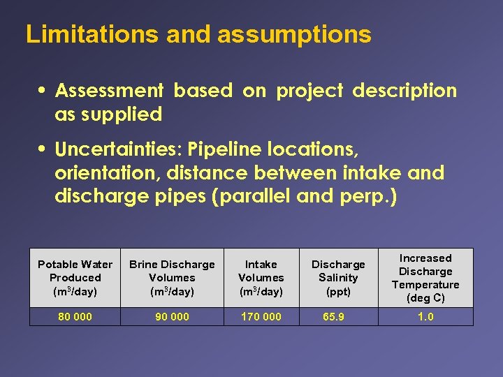 Limitations and assumptions • Assessment based on project description as supplied • Uncertainties: Pipeline