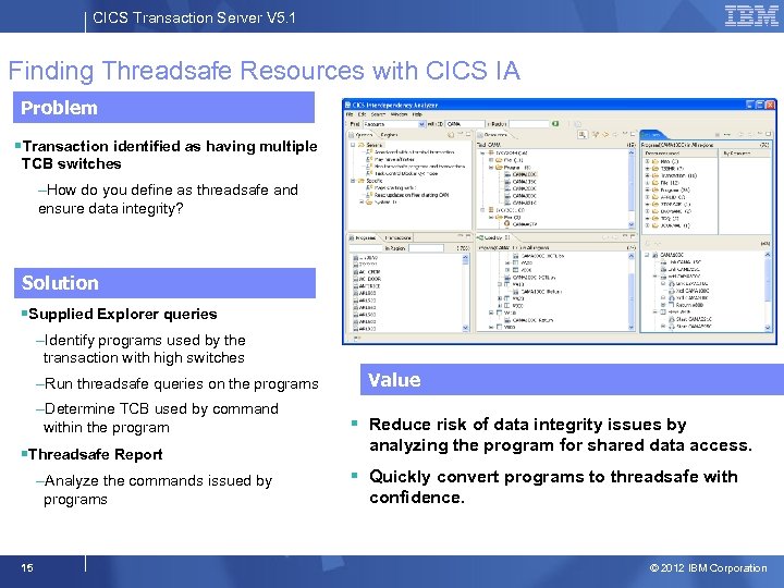 CICS Transaction Server V 5. 1 Finding Threadsafe Resources with CICS IA Problem §Transaction