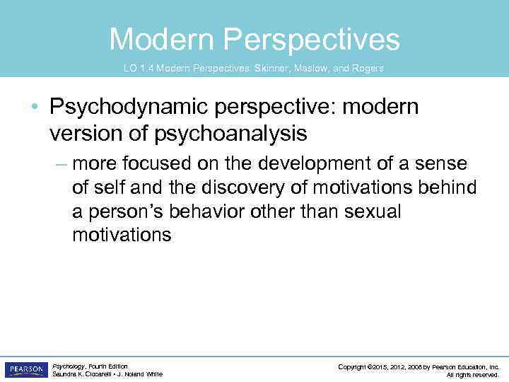 Modern Perspectives LO 1. 4 Modern Perspectives: Skinner, Maslow, and Rogers • Psychodynamic perspective: