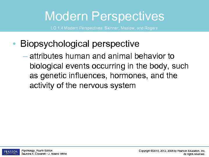 Modern Perspectives LO 1. 4 Modern Perspectives: Skinner, Maslow, and Rogers • Biopsychological perspective