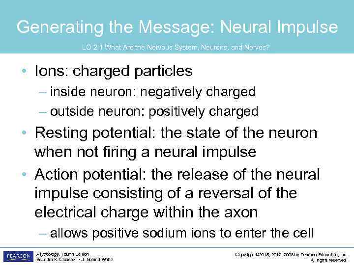 Generating the Message: Neural Impulse LO 2. 1 What Are the Nervous System, Neurons,