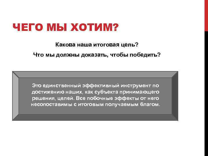 ЧЕГО МЫ ХОТИМ? Какова наша итоговая цель? Что мы должны доказать, чтобы победить? Это