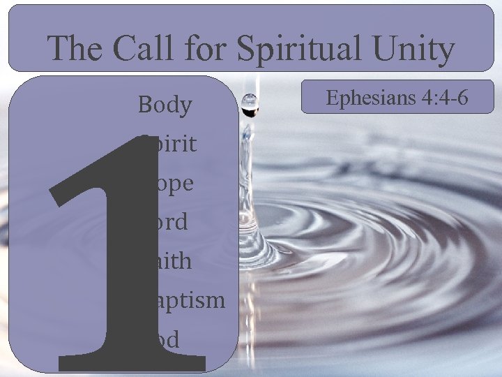 The Call for Spiritual Unity 1 Body Spirit Hope Lord Faith Baptism God Ephesians